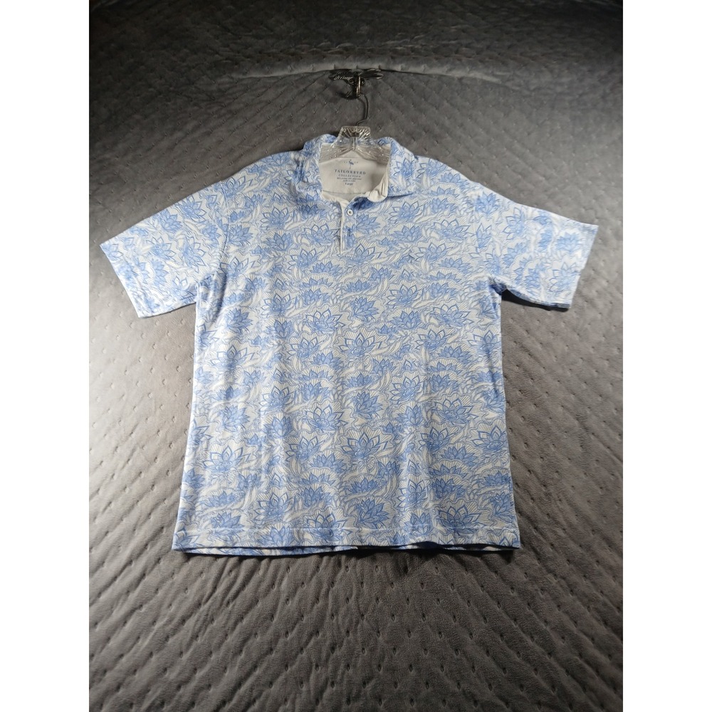 Tailorbyrd Collection Mens Large Blue White Floral Lotus Pique Polo Shirt L